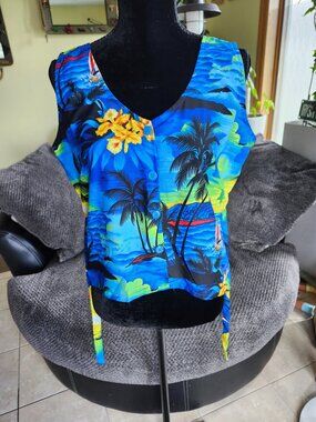 Rima Tropical Blue Hawaiian Palm Tree Button Front Tank Blouse Large